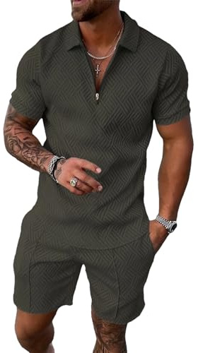 amropi Chándal Deportivo para Hombre Cremallera Camiseta y Pantalones Cortos 2 Piezas Verano Conjunto XL, Verde Oscuro