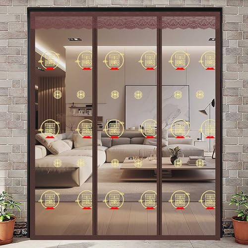 XQKXHZ 120x210cm(W x H), Magnetisches Fliegengitter Balkontür 85x210,Selbstklebend Fliegengitter Ohne Bohre mit Chinesischer Stil Stickerei,Hochleistungs-Doppelte Öffnung Mesh Vorhang für Garagentür