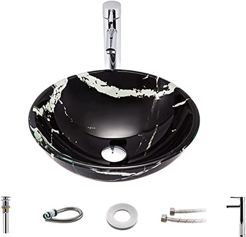 ROLTIN Ceramic Bathroom Sink Tempered Glass Vessel Sink, Hand Painted Art Countertop Basin With Waterfall Faucet Mounting Ring And Water Drain Set, Washstand Sink 420X420X145mm For Family Hotel