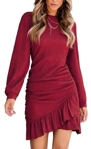 CUPSHE Vestido corto de punto fruncido para mujer, dobladillo con volantes, cuello redondo, manga corta, vestido de verano ajustado, Rojo vino, M