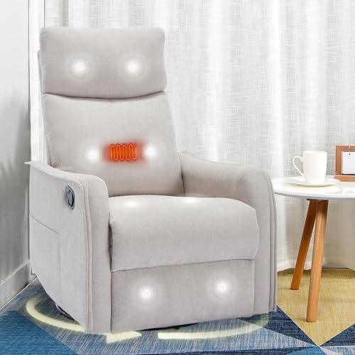 cinkehome Swivel Rocker Recliner Chair with Heated Massage, Rocking Reclining Chairs for Nursery, Small Spaces, High Back, Side Pocket