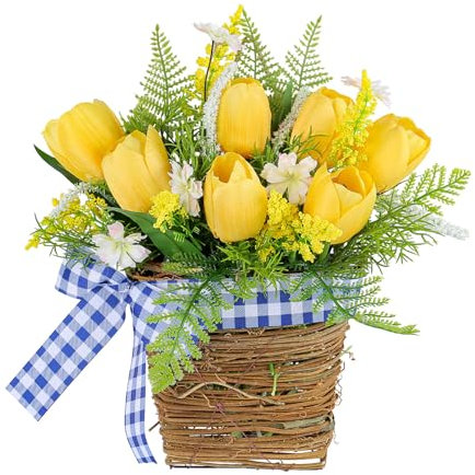 Wnvivi Artificial Tulip Flower Basket Wreath,Yellow Tulip Door Hanging Basket Floral Wreaths,Spring Front Door Wreath for Home Decor