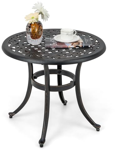 COSTWAY Sidobord av gjuten aluminium, 60 x 60 x 53 cm, väderbeständigt balkongbord med justerbara fotkuddar, runt trädgårdsbord för trädgård, bakgård, balkong, antikbrunt
