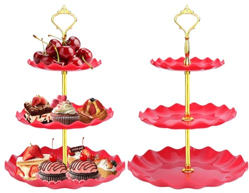 Zouboto 3 Tiers Cake Display Stand,2PCS Afternoon Tea Stands,Cupcake Stand,Cup Cake Fruit Dessert Party Server Plates Stands,Reusable Food Serving Platter Stand for Birthday,Wedding,Party (Red)