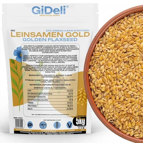 GiDeli Leinsamen Gold 5 kg - Ganze Goldleinsamen zum Backen und Müsli | Milder nussiger Geschmack, helle Saat für Teig und Joghurt, quillt in Flüssigkeit, Standbeutel mit fünf Kilogramm