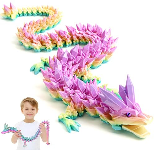 Merrwon 3D Gedrucktes Drache, 60CM Drachen Spielzeug mit Augen, Geheimnisvolle Realistische Drachen Figuren, Ewegliche Gelenke Kristall Drache n Deko Schreibtischspielzeug