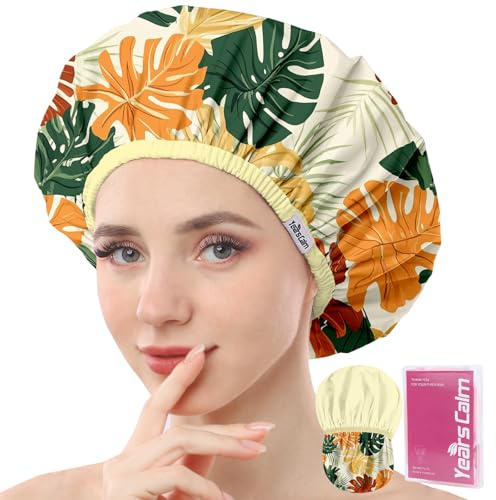 Years calm Duschhauben für Frauen Wiederverwendbar Wasserdicht - Doppellagige elastische Kappe mit tropischem botanischem Druck Duschhaube für Dusche, Spa, Reisen, Bad & täglichen Haarschutz