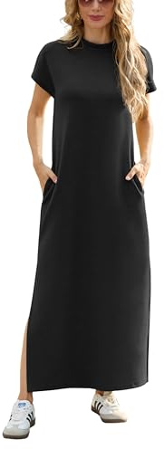 GRECERELLE Womens Maxi Dress Wrinkle Free Summer Mock Neck Short Sleeve 2025 Casual Elegant Loose Split Long Dresses with Pockets (Black, M)