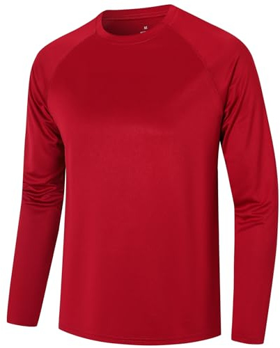 Mens Long Sleeve T-Shirts for Men Sports Gym T Shirts Breathable Quick Dry Athletic Running Performance Activewear Tops（T7510-Red-L）