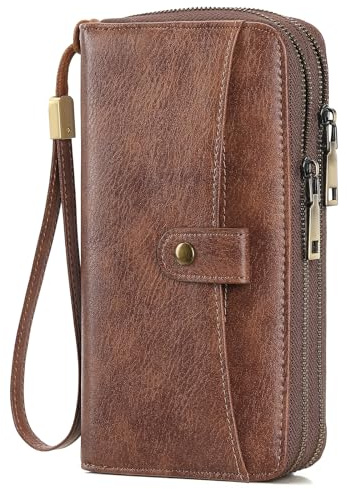 GAEKEAO Womens Wallet Large Capacity Double Zipper Ladies Card Phone Holder RFID Blocking Leather Clutch Wristlet Grip Strap