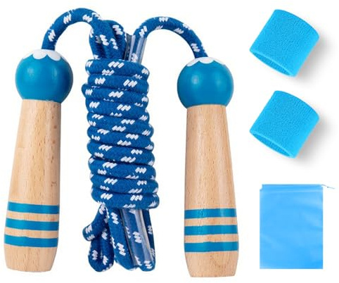 ZHITENG Corde à Sauter Longue 2.6m, Cordes à Sauter Réglables 2 Protège Poignets, 1 Sac Rangement, Skip Wooden Handle Non Slip Jump Rope Pour Enfants De 4 À 12 Ans, Cadeaux Vacances Idéaux (Blau)