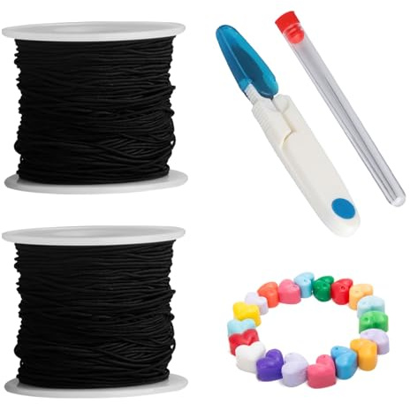 2 Rollen Gummiband für Armbänder Selber Machen Set, 1mm x 50M Elastische Schnur für Armbänder, Schwarz Armband Schnur für Perlen Halsketten Schmuckherstellung DIY Handwerk Schmuckfaden Gummibänder