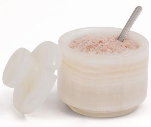 MARBLOUS KRAFTS Saltkällare i marmor med lock och sked 7,6 cm vit onyx liten flagig saltlåda, sockerburk, kryddförvaringsbänk, perfekt för saltbehållare, kryddburk, kök