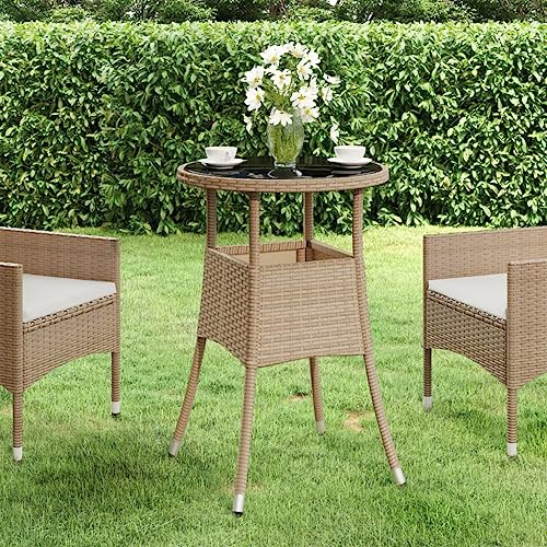 HaoChrymec Gartentisch mit Hartglasplatte und Poly Rattan, Pulverbeschichteter Stahlrahmen, Outdoor Beistelltisch, Balkon Tisch, Loungetisch, Beige, Ø60x75 cm