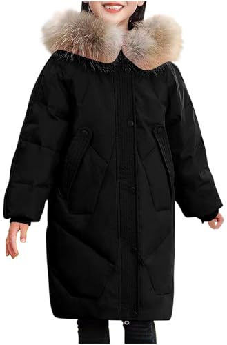 Girls Padded Maxi Coat - Kids Faux Fur Hooded Parka Jacket, Quilted Thicken, Windproof Overcoat, Long Sleeve Bowknot, Stand Collar Pockets, Teenage Snowsuit, Outwear School Walking Age 5-16 Years