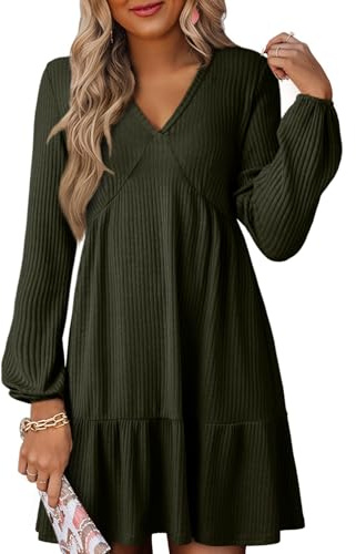 Dokotoo Women's Long Sleeve Dresses Casual V-Neck Dress for Women Fashion Elegant Empire Waist A Line Swing Womens Outfits Ribbed Knitted Elastic Autumn Ladies Pullover Minidress Green XL