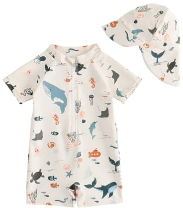 UV Kleidung Baby Badeanzug mit Hut Gr 68-98, UPF UV Schutzkleidung Schwimmanzug Baby Junge, Kleinkind Einteiliger UV Badebekleidung Shirt, Beige-Ozean 1-2 Jahre/80-86