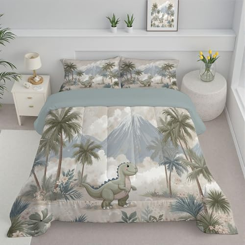 ANALTIRCE Piumone Singolo Stampa Cartone Animato Dinosauro per Bambini, Trapunta 140x200cm Imbottitura 200Gsm In Microfibra 4 Stagioni Piumone, Lavabile Trapunte Acquerello Palma Stampa Con 1 Federe