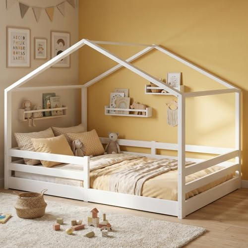 Bellabino Abia Hausbett Bodenbett 140x200 cm, Weiß, aus Kiefer Massivholz | Montessori Kinderbett mit Rausfallschutz & Lattenrost, für Jungen & Mädchen, Holzbett, Kinderbettgestell, Kinderzimmermöbel