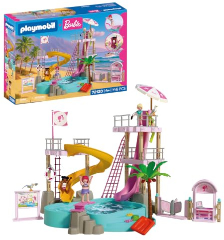 Playmobil, Barbie, Parc Aquatique, Aventures d’été avec Barbie, Nikki et Daisy, Grand Parc Aquatique remplissable avec de l’Eau réelle, Rêves d’été à Malibu pour Enfants à partir de 4 Ans, 72120