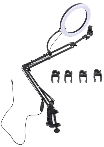 26 cm ringljus-overhead-telefonhållare, 5 cm maximal klämtjocklek, skrivbordsringljus med klämma för smink, skönhet, matlagning, video, live-streaming