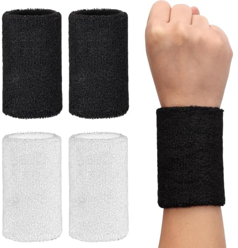 4 Pièces Serre Poignets Sport 15cm, Bandeau Poignet Anti-Transpiration en Coton Élastique pour Homme et Femme, Bracelet Éponge pour Tennis, Basketball, Football, Fitness et Gym - Noir et Blanc