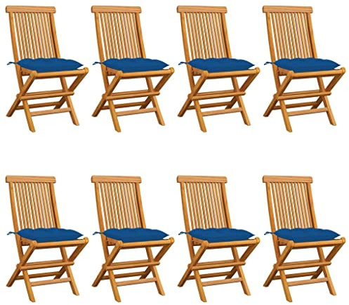 LoogCape Trädgårdsstolar av massivt teak med blå kuddar 8 stycken vikbara och stapelbar, väderbeständig, med stoppning och armstöd för terrass, balkong, trädgård, bekvämt ryggstöd