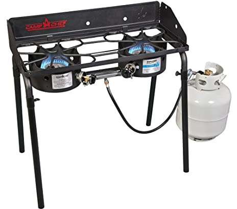 Camp Chef Explorer, Two Burner Stove, Two 30,000 BTU's cast-aluminum burners, Cooking Dimensions: 14 in. x 32 in, Black