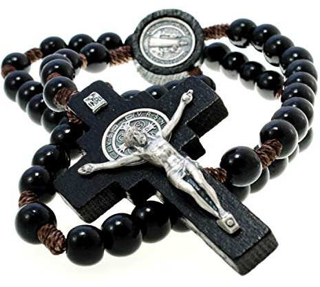 Alexander Castle Solide Hölzerne Rosenkranz Perlen Katholisch (Handmade - Brazilian Walnut) mit St. Benedikt Herzstück - Kommt in Velours-Geschenk-Beutel - Dunkelbraun/Schwarz