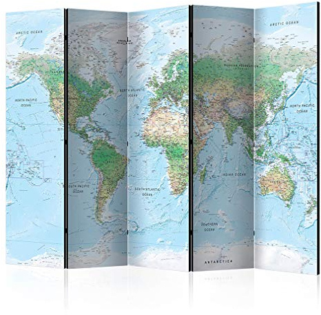 decomonkey Paravent Raumteiler Innen Weltkarte 225x172 cm 5 Teilig Einseitig Room Divider Wall Raumteiler Stehend Trennwand Sichtschutz Spanische Wand Sichtschutzwand Wohnzimmer Holz