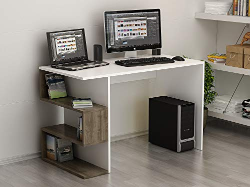 Homidea Warren Schreibtisch - Computertisch - Bürotisch mit Regal Element (Weiß/Nussbaum)
