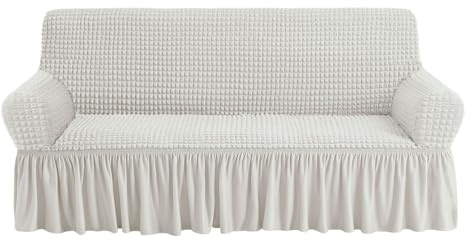 NICEEC Sofa Slipcover Ivory Sofa Cover 1 Piece Easy Fitted Sofa Couch Cover Universal High Stretch Durable Furniture Protector with Skirt Country Style (3 Seater Ivory)