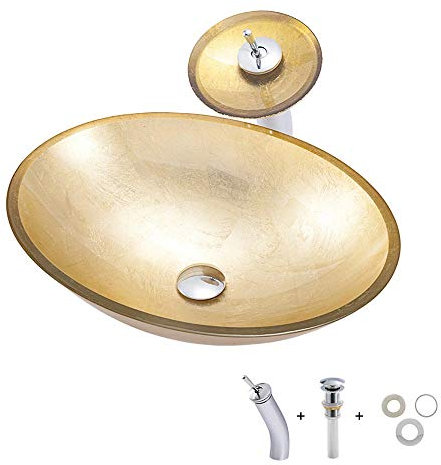 chicstyleme Set aus Waschbecken und Wasserhahn aus Glas Aufsatzwaschbecken aus Glas Goldene Ovale Waschbecken Glasbecken Wasserfall Wasserhahn aus gehärtetem Glas Material Badezimmer Aufsatzbecken