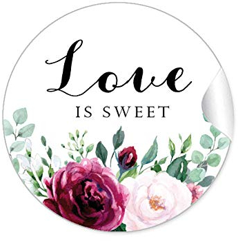 72 STICKER Love is Sweet Etiketten für ihr Gastgeschenk BOHO HIPPIE STYLE BLÜTEN ROSEN GRÜN ROT ROSA SCHWARZ zum beschriften von Selbstgemachtes, Briefen oder Geschenkverpackungen