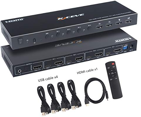 KCEVE Commutateur KVM, 4 Ports HDMI KVM USB 2.0 Switch 4K @ 60Hz avec Fonction Audio et Arc pour 4 Ordinateurs Partager Le Clavier, la Souris et Le Moniteur
