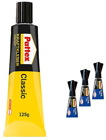 Pattex Kraftkleber Classic, extrem starker Kleber für höchste Festigkeit, Alleskleber für den universellen Einsatz, Spar-Set mit 1x 125 g und 3x 1 g Sekundenkleber Pattex Ultra Gel, 9HPCL4CP1X