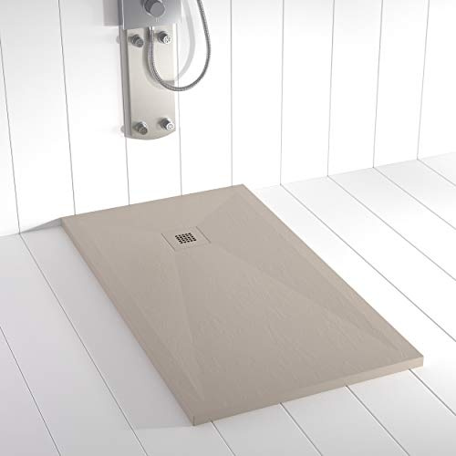 Plato de ducha resina PLES desagüe centrado color Arena 100x70 textura pizarra antideslizante rejilla del mismo color con válvula