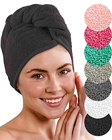 LAYNENBURG Deluxe knapp turban handduk kort långt hår - bomullssvamp - 4 gratis hårsnören - snabbtorkande och superabsorberande hårtork (svart)