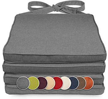 sunnypillow Lot de 4 coussins, pour chaise en rotin, 40 x 45 x 5 cm, rembourrés, avec rubans, pour l'intérieur et l'extérieur, gris