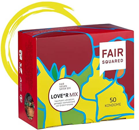 FAIR SQUARED 50 Stück Kondome Mix – Mix Sortiment aus drei verschiedenen veganen Kondomen – Naturkautschuk nachhaltig & fair – Kondome gefühlsecht hauchzart