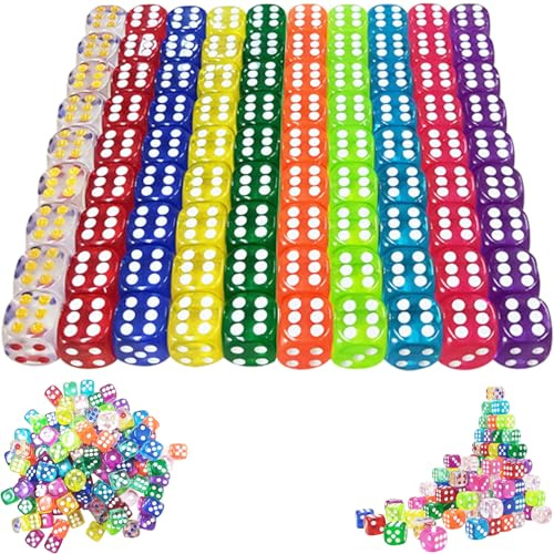 Booaee 100 Stycken Tärningsset - 6 Sidor, 12 mm Sexsidigt Kub Genomskinliga Färger för Spel, Bordsspel och Fest