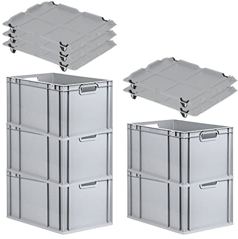 PROREGAL SuperSparSet 5x Eurobox NextGen Economy mit Auflagedeckel und 4x Schiebeschnappverschlüsse Schwarz, Griffe offen, HxBxT 32x40x60cm, 65L, Eurobehälter, Transportbox, Transportbehälter