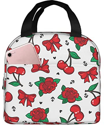 XVBCDFG Old School Rose Cherry Bow Print Bolsas de almuerzo para hombres y mujeres, fiambreras reutilizables aisladas, pequeñas bolsas de almuerzo Bento, fia