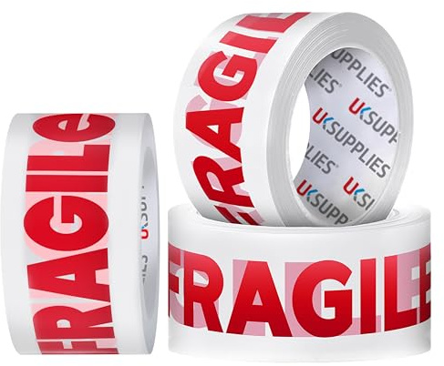 UK SUPPLIES LIMITED 3 Rolls LOW NOISE Premium Fragile Packaging Tape (All Pack Sizes) 48MM X 66M Extra Strong Secure Sticky Adhesive Durable Parcel Sealing Tape for Packing Boxes & Moving Houses