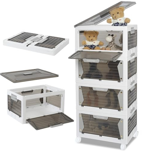 Rainberg Large Storage Boxes with Lids, Strong & Sturdy Plastic Storage Boxes, Stackable Nestable Container for Home & Office use. (White & Grey, 4 Tier 320L Storage)