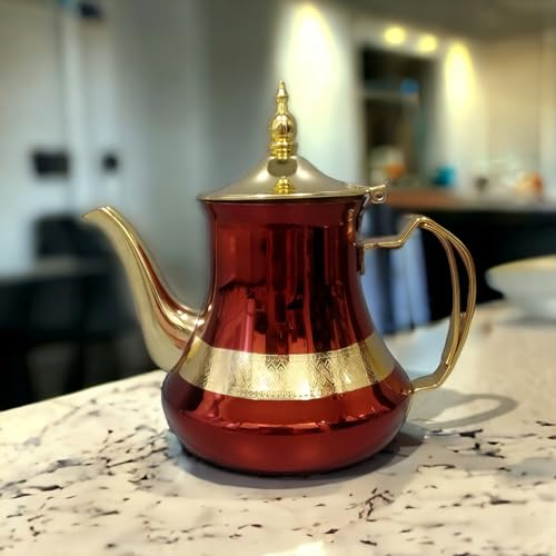 Tetera de te marroqui hecha en Acero Inoxidable Decorada con Filtro Integrado y asa Auténtica Tradicional Modelo Grabado con Diseño Clásico Arabe de 1800ml