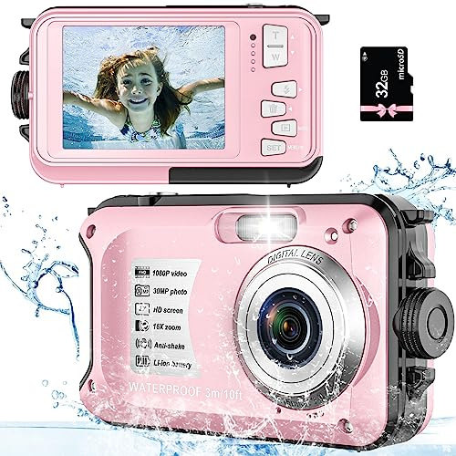 Fotocamera subacquea con scheda da 32 GB e fotocamera impermeabile 10FT 30MP 1080P FHD Video compatto portatile zoom 16X fotocamera digitale impermeabile per bambini snorkeling