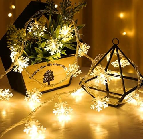 ZPQAODI Lumières de Flocon de Neige 10M 80LED Guirlande lumineuse LED Guirlandes lumineuses flocon de neige de Noël de Neige à Piles Fairy Lights Décoration Lumières Blanches Chaudes