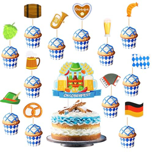 SANNIX 25 Stück Oktoberfest Cupcake Topper, Deko für Bayerisches Fest, Kuchen Dessert Dekoration für Geburtstagsparty und Party