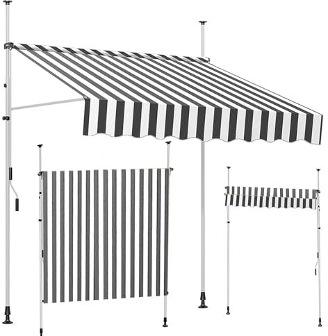 Klemmmarkise Aufrollbar Balkonmarkise, 215~310cm Höhenverstellbar, ohne Bohren, 200~400cm Breit, Regenschutz & Sichtschutz, für Garten Terrasse(Black White,250cm)